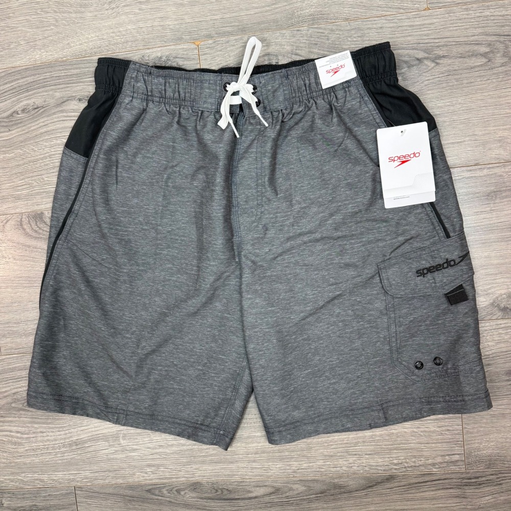 Speedo Mens Hybrid Swim Trunks Dark Heather Grey Cargo Pocket Size L NWT